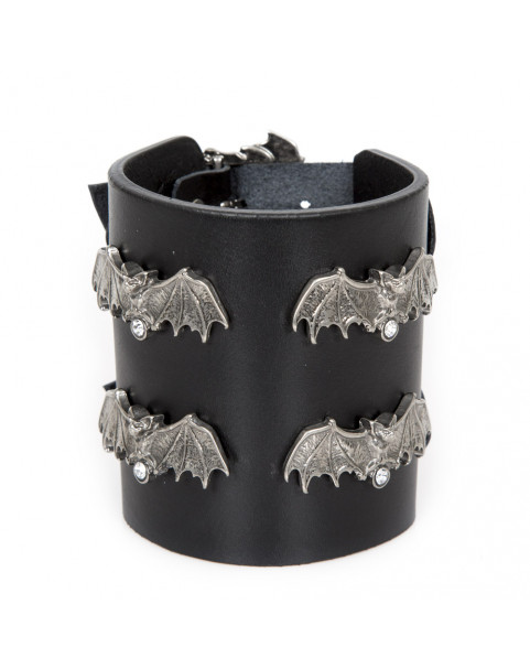 GOTHIC BLACK LEATHER BRACELET WITH BAT BUCKLES
