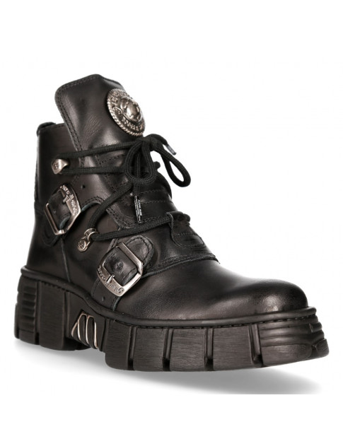 NEWROCK BLACK LEATHER ANKLE BOOTS TOWER LUXOR ACER