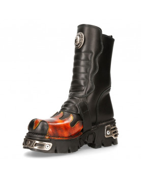 NEWROCK BLACK LEATHER BOOTS WITH ORANGE / RED FLAMES
